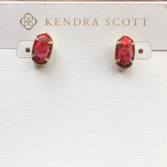 Kendra Scott Grayson Bronze Veined Red Fuchsia Magnesite Stud Earrings NWT - Picture 5 of 14